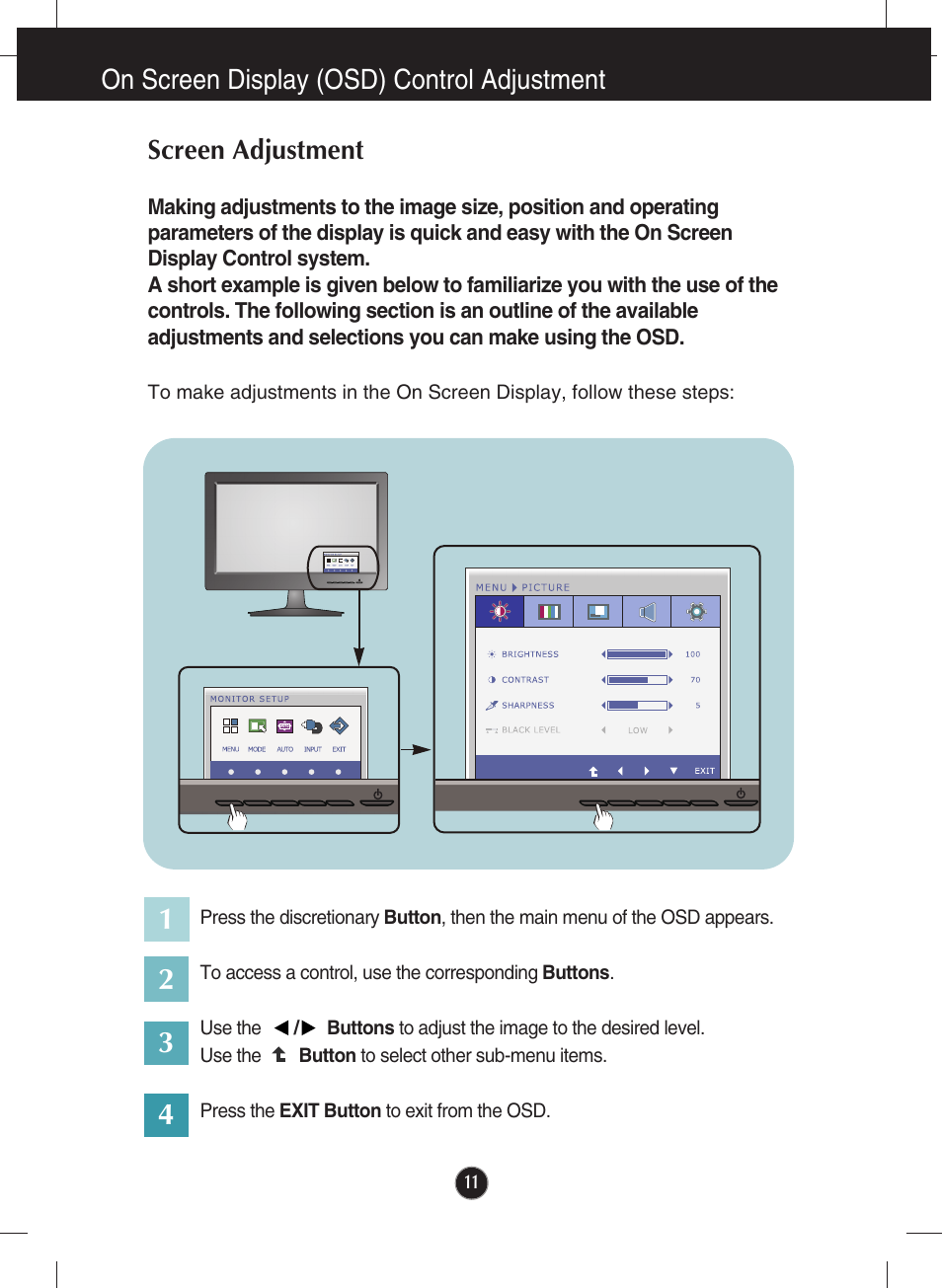 On screen display (osd) control adjustment, Screen adjustment | LG W2340VG-PN User Manual | Page 12 / 30