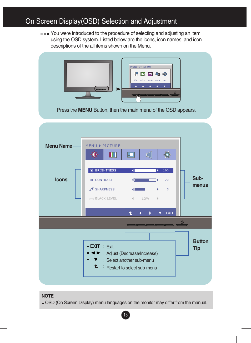 On screen display(osd) selection and adjustment | LG W2340VG-PN User Manual | Page 14 / 30