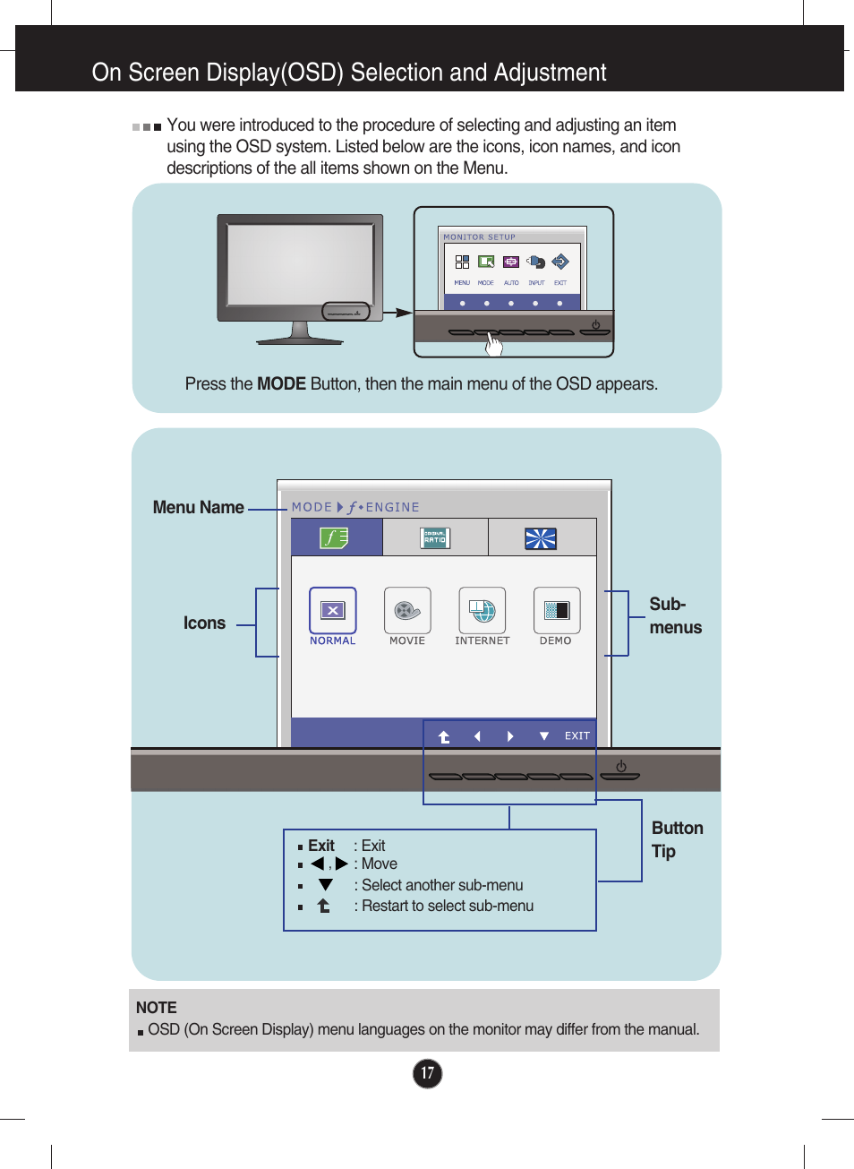 On screen display(osd) selection and adjustment | LG W2340VG-PN User Manual | Page 18 / 30