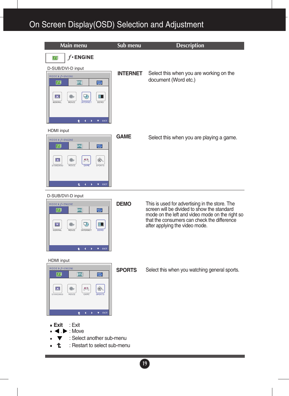 On screen display(osd) selection and adjustment | LG W2340VG-PN User Manual | Page 20 / 30