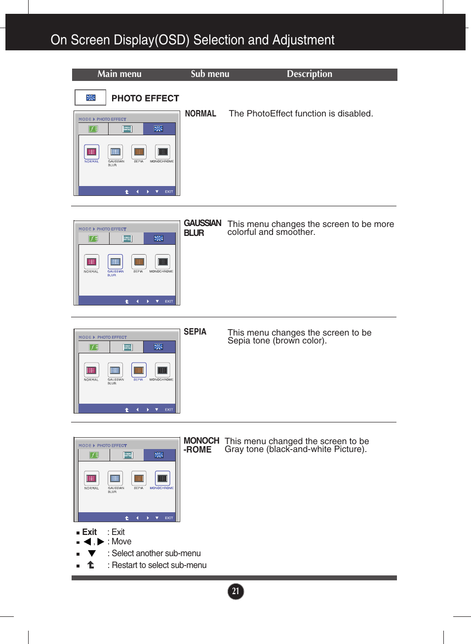 Photo effect, On screen display(osd) selection and adjustment | LG W2340VG-PN User Manual | Page 22 / 30
