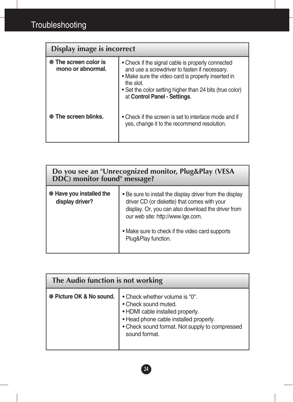 The audio function is not working, Troubleshooting | LG W2340VG-PN User Manual | Page 25 / 30