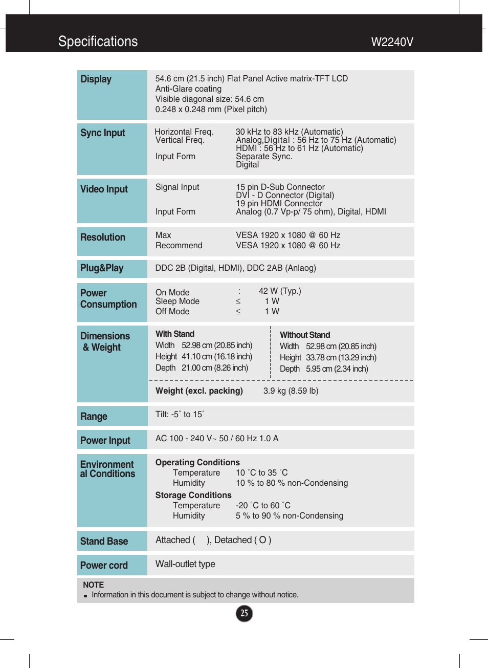 Specifications, W2240v | LG W2340VG-PN User Manual | Page 26 / 30