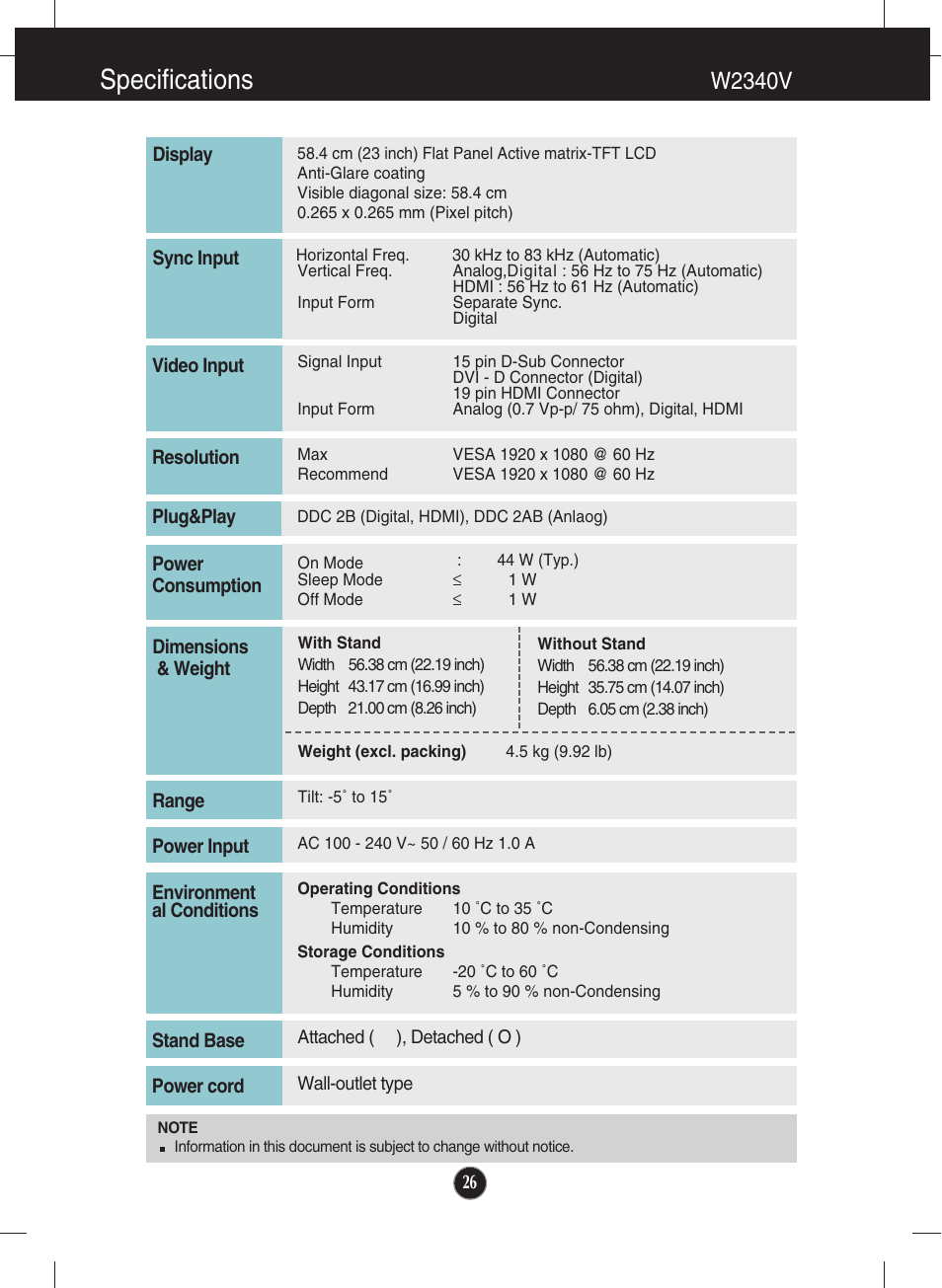 W2340v, Specifications | LG W2340VG-PN User Manual | Page 27 / 30