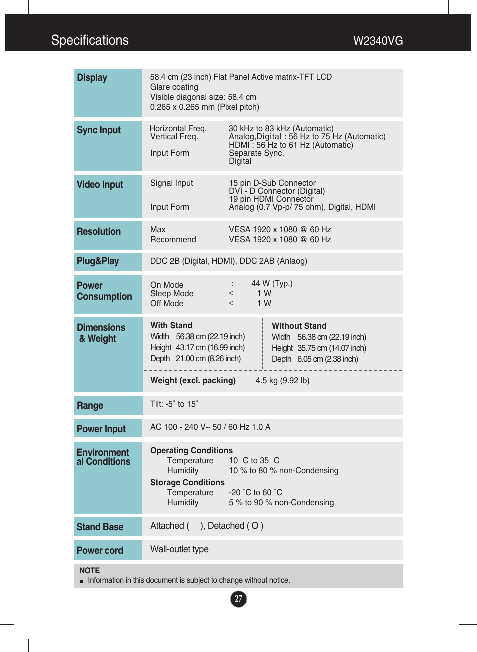 W2340vg, Specifications | LG W2340VG-PN User Manual | Page 28 / 30