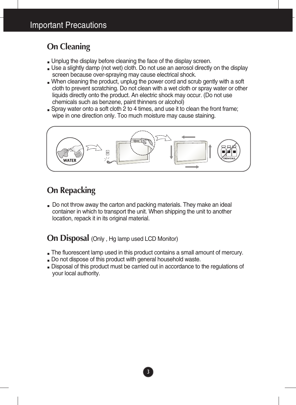 On cleaning, On repacking, On disposal (only , hg lamp used lcd monitor) | Important precautions, On disposal | LG W2340VG-PN User Manual | Page 4 / 30