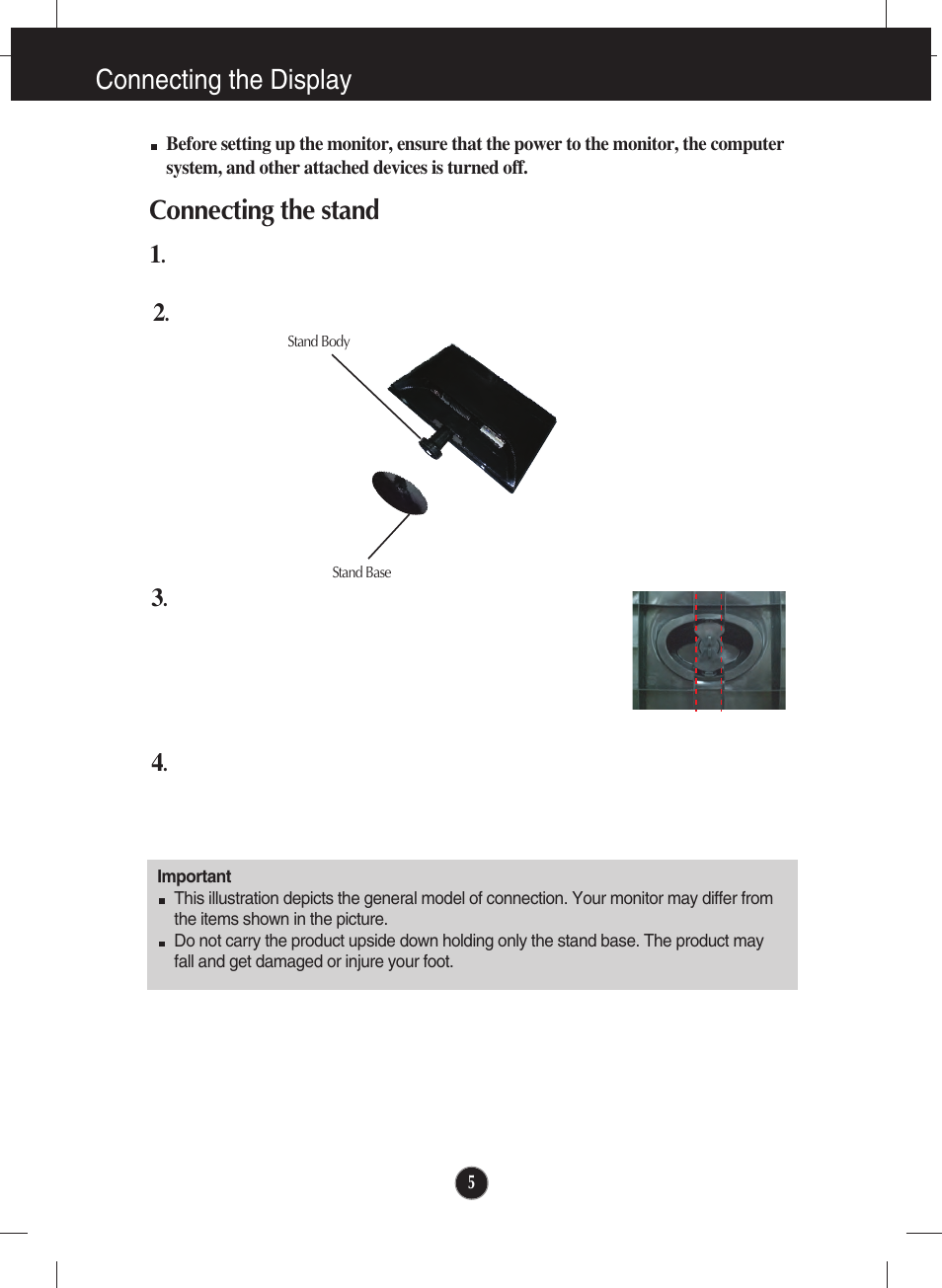 Connecting the display, Connecting the stand | LG W2340VG-PN User Manual | Page 6 / 30