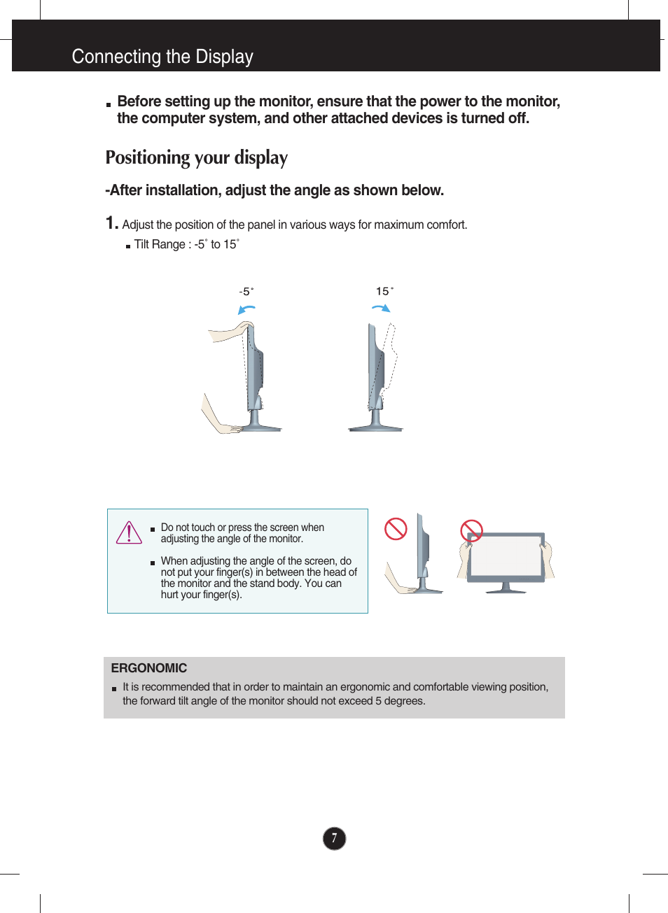 Positioning your display, Connecting the display | LG W2340VG-PN User Manual | Page 8 / 30