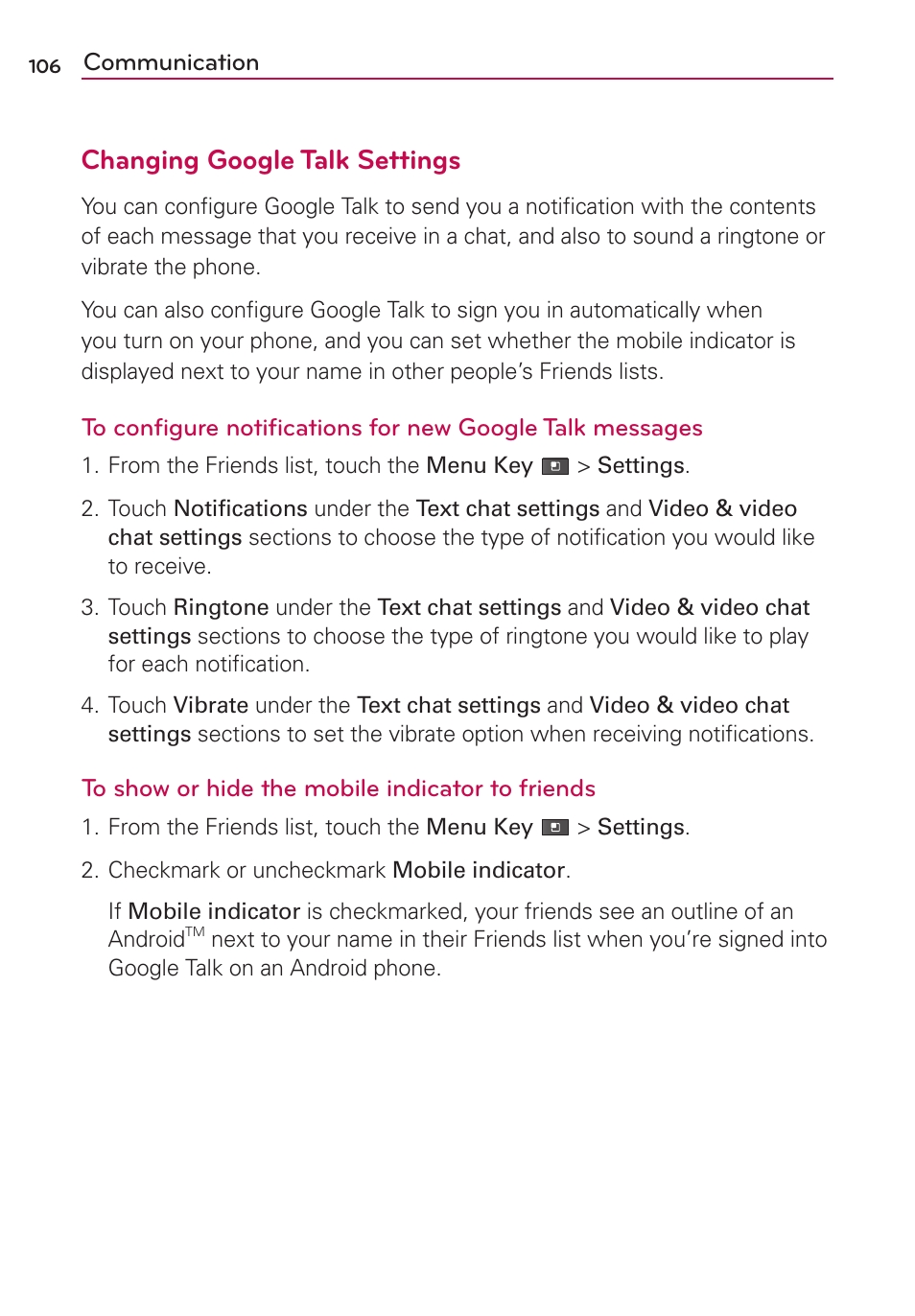 Changing google talk settings | LG MS910 User Manual | Page 106 / 199