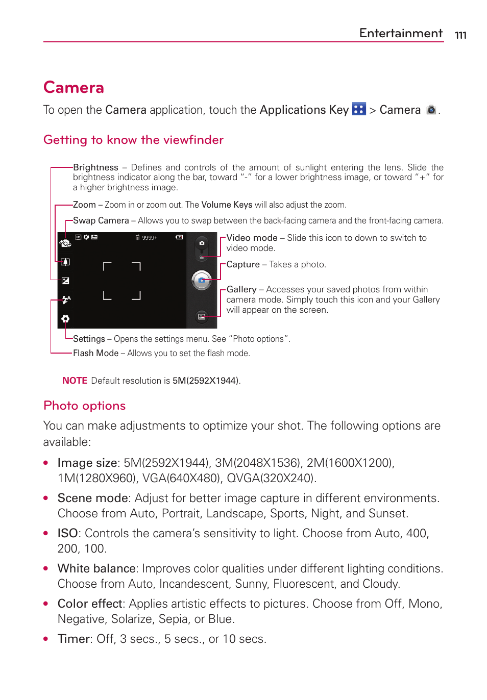 Camera, Entertainment, Getting to know the viewfinder | Photo options | LG MS910 User Manual | Page 111 / 199