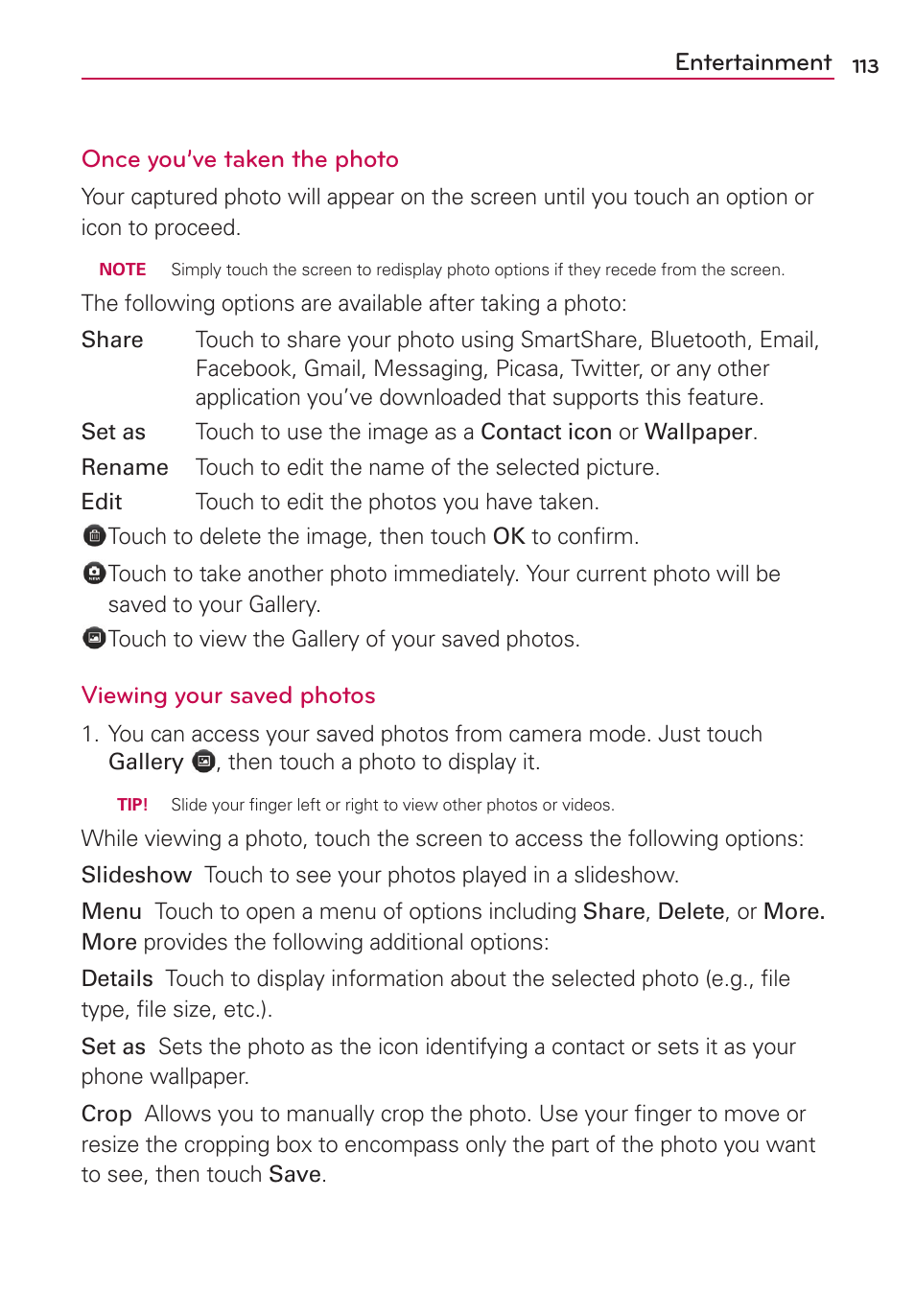 Entertainment once you’ve taken the photo, Viewing your saved photos | LG MS910 User Manual | Page 113 / 199