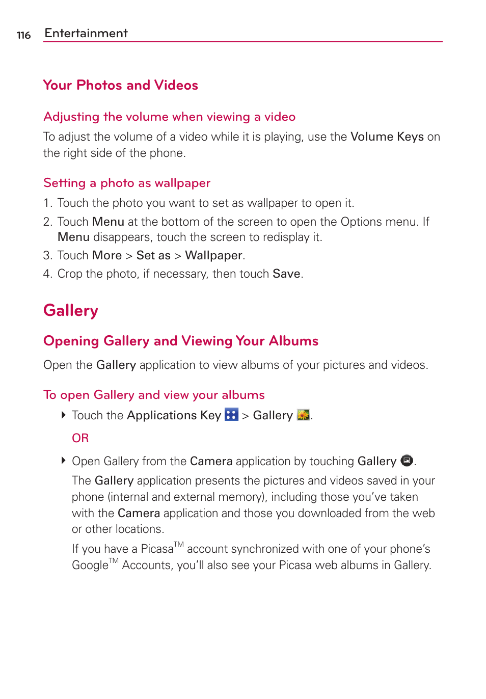 Gallery, Your photos and videos, Opening gallery and viewing your albums | LG MS910 User Manual | Page 116 / 199