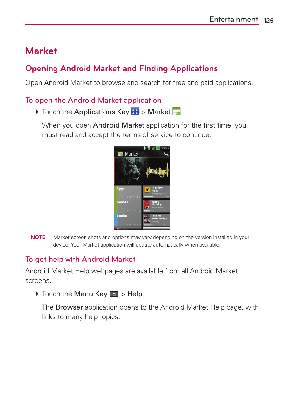 Market, Opening android market and finding applications | LG MS910 User Manual | Page 125 / 199