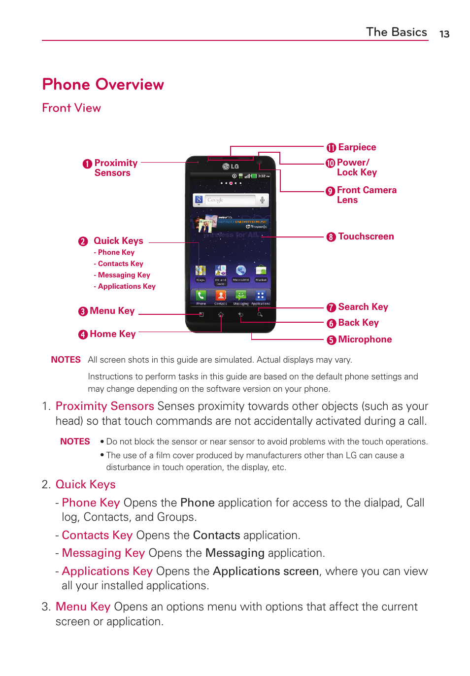 Phone overview, The basics, Front view | LG MS910 User Manual | Page 13 / 199