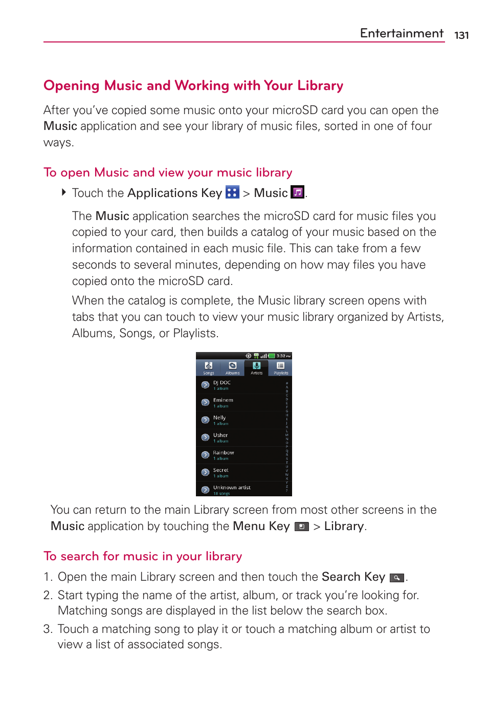 Opening music and working with your library | LG MS910 User Manual | Page 131 / 199