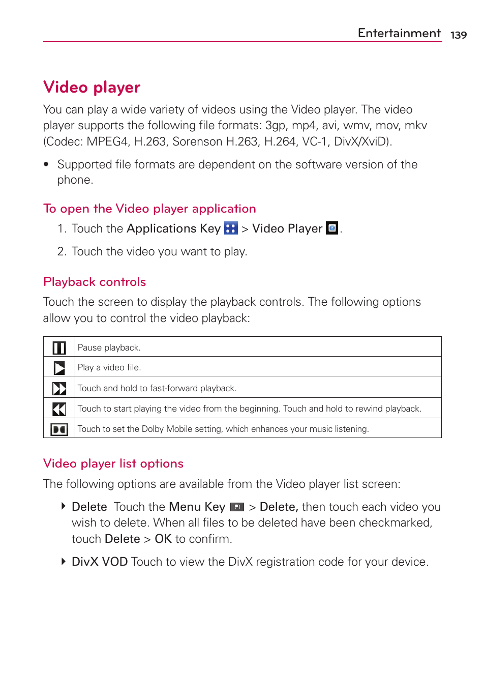 Video player | LG MS910 User Manual | Page 139 / 199