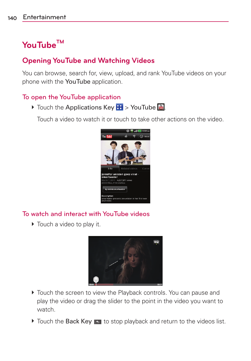 Youtube, Opening youtube and watching videos | LG MS910 User Manual | Page 140 / 199