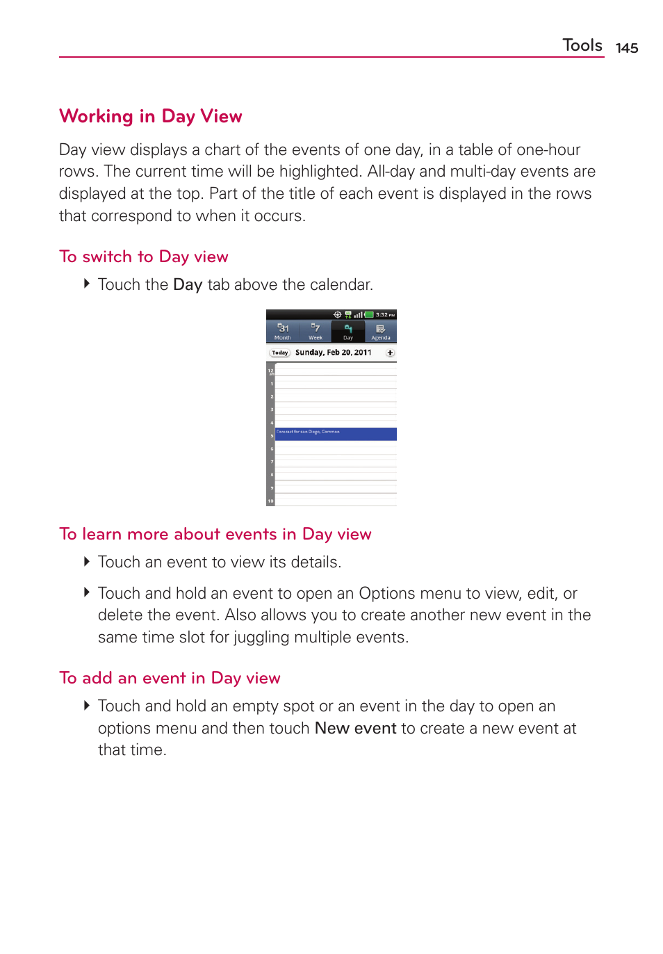 Working in day view | LG MS910 User Manual | Page 145 / 199