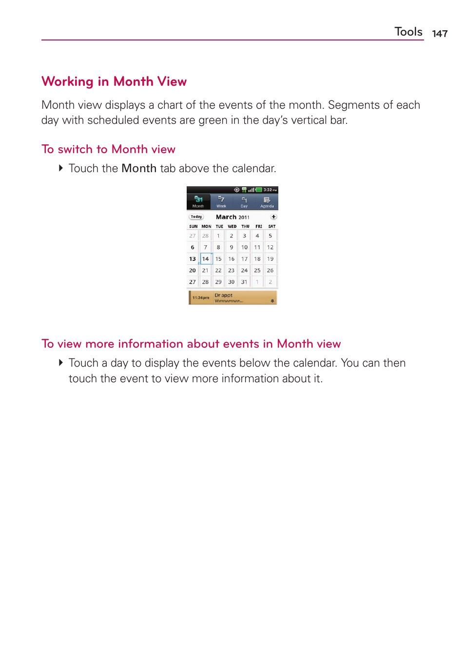 Working in month view | LG MS910 User Manual | Page 147 / 199