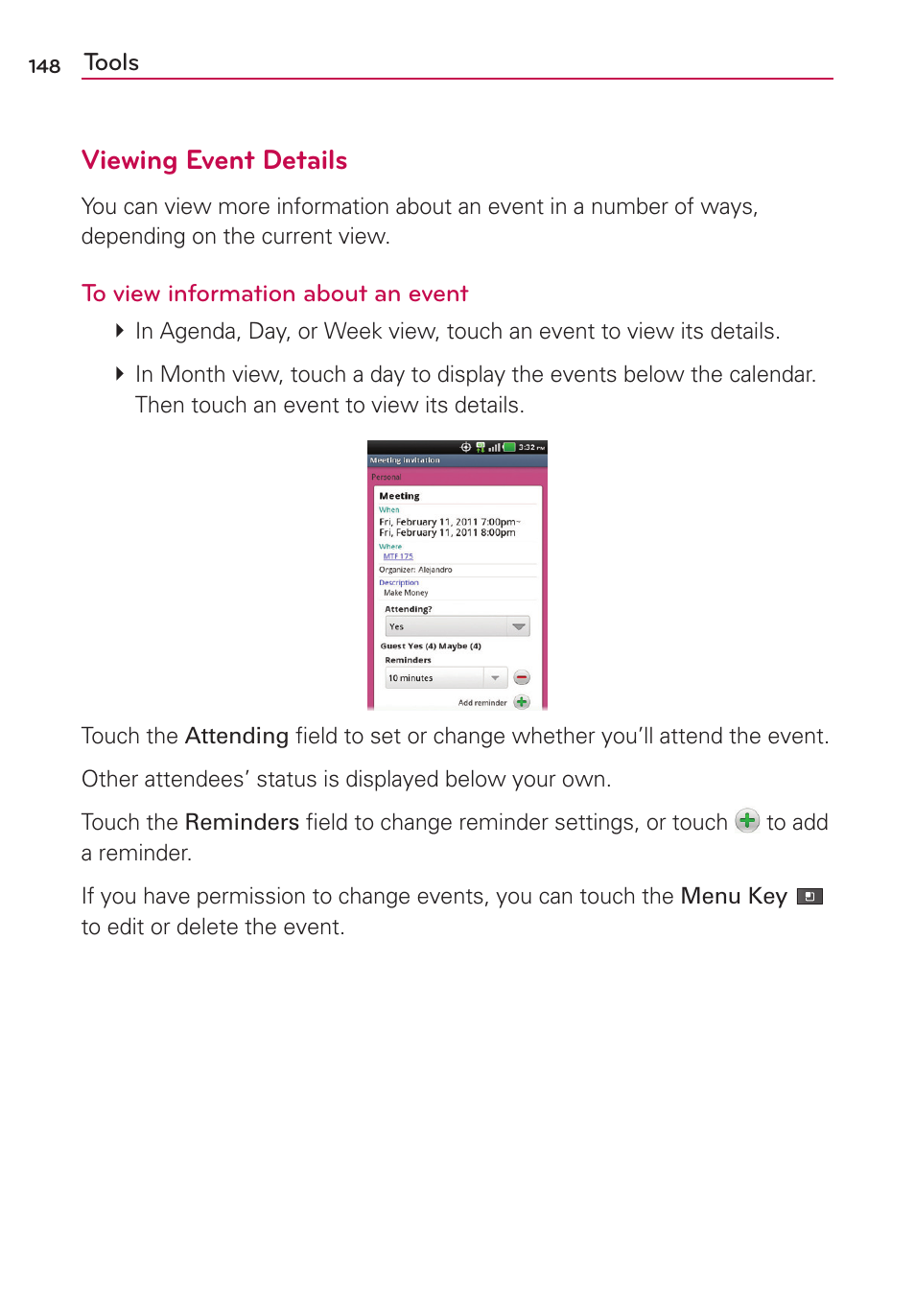 Viewing event details | LG MS910 User Manual | Page 148 / 199