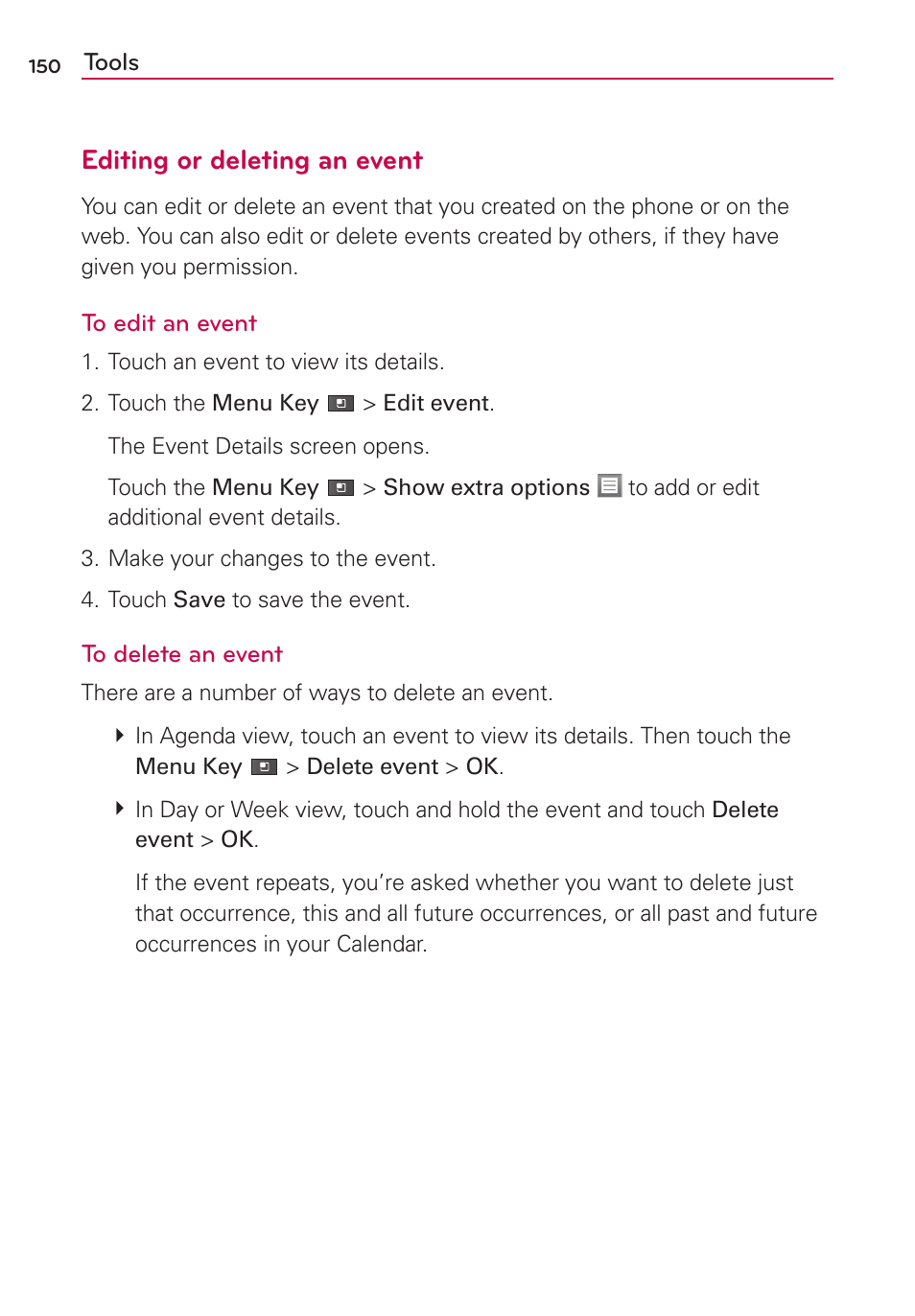 Editing or deleting an event | LG MS910 User Manual | Page 150 / 199