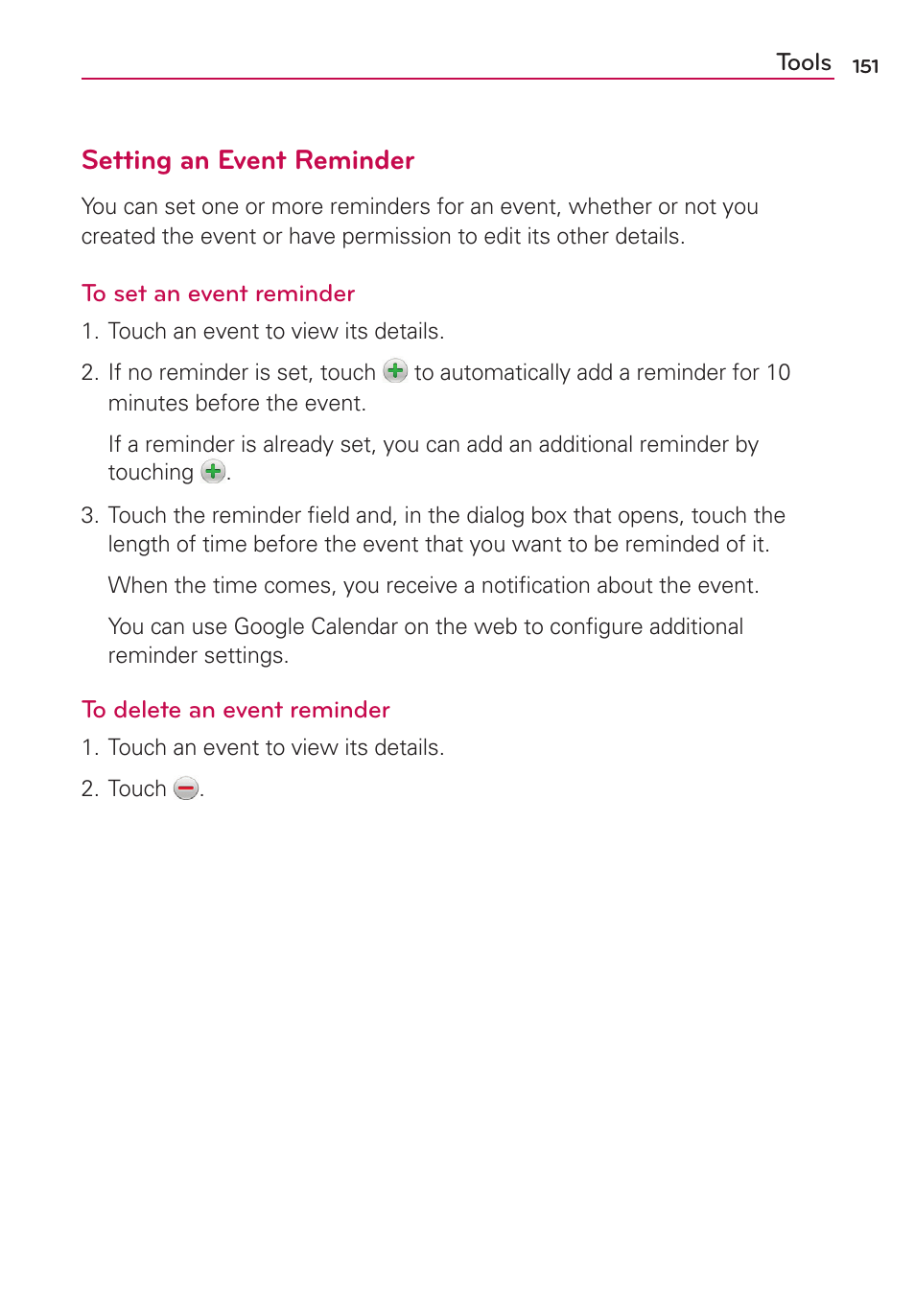 Setting an event reminder | LG MS910 User Manual | Page 151 / 199