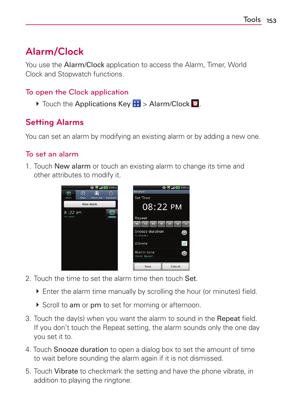 Alarm/clock, Setting alarms | LG MS910 User Manual | Page 153 / 199