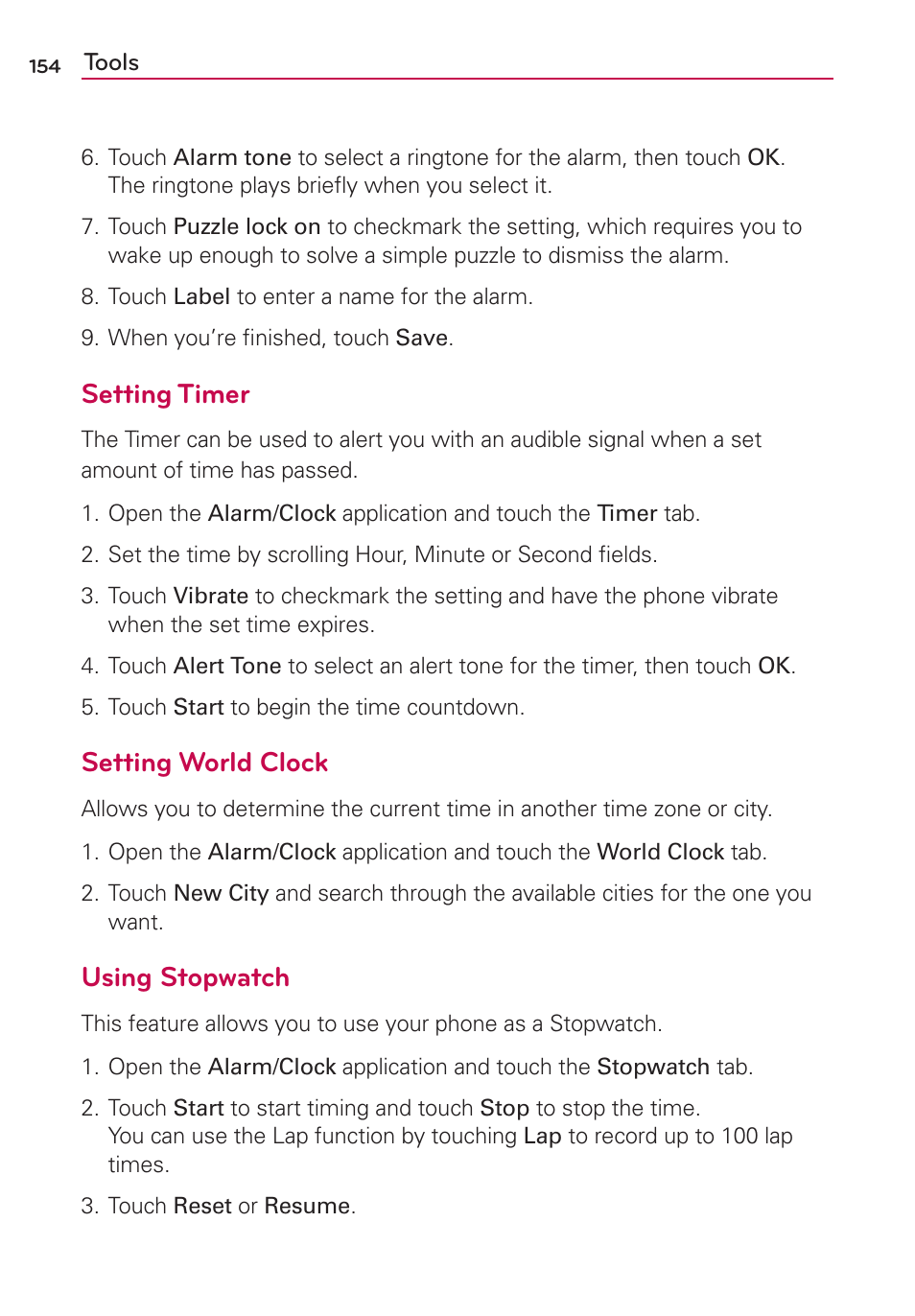Setting timer, Setting world clock, Using stopwatch | LG MS910 User Manual | Page 154 / 199