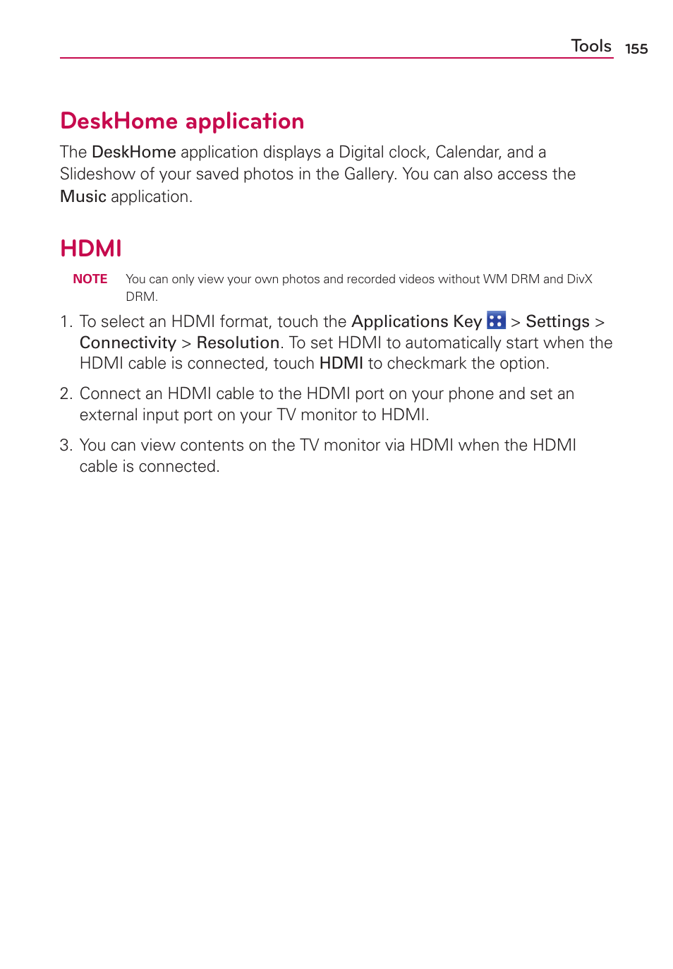 Deskhome application, Hdmi | LG MS910 User Manual | Page 155 / 199