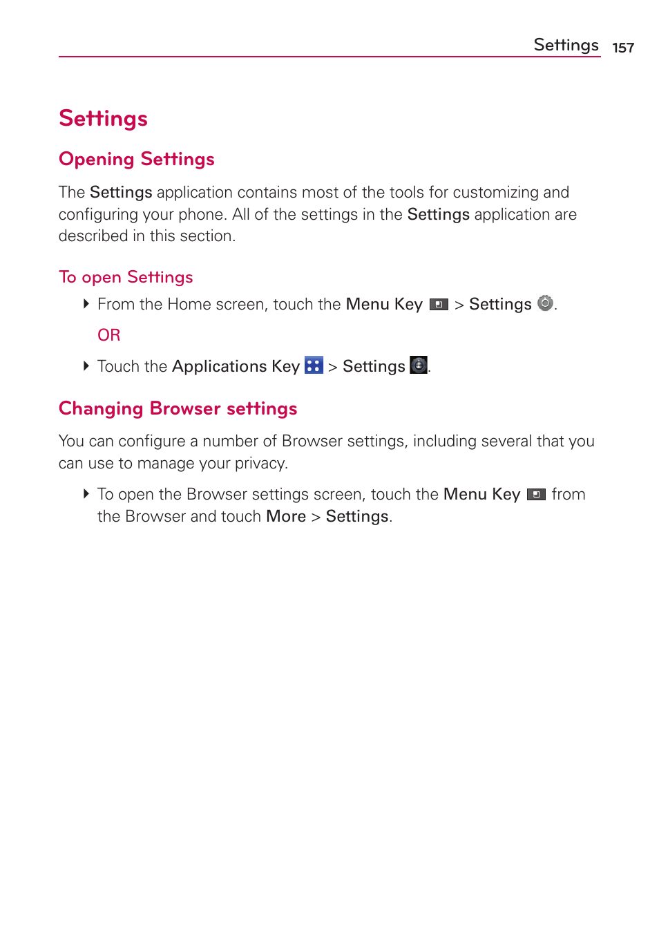 Settings, Opening settings, Changing browser settings | LG MS910 User Manual | Page 157 / 199