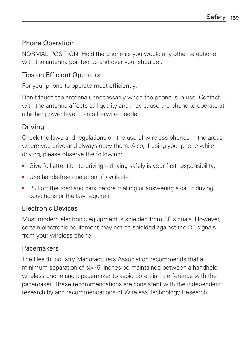 Safety | LG MS910 User Manual | Page 159 / 199