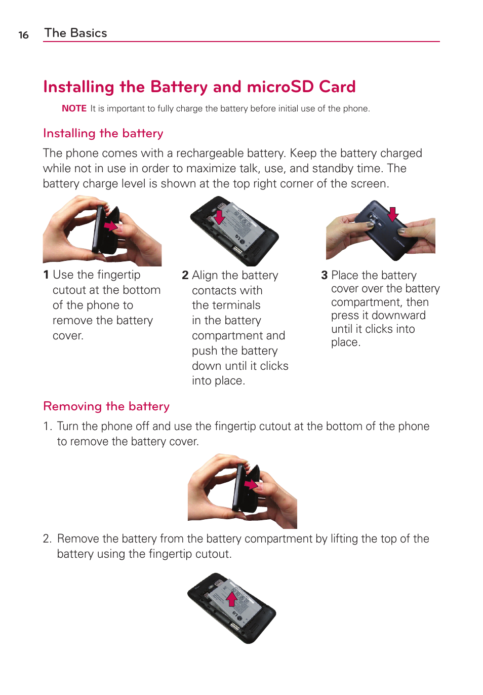 Installing the battery and microsd card | LG MS910 User Manual | Page 16 / 199
