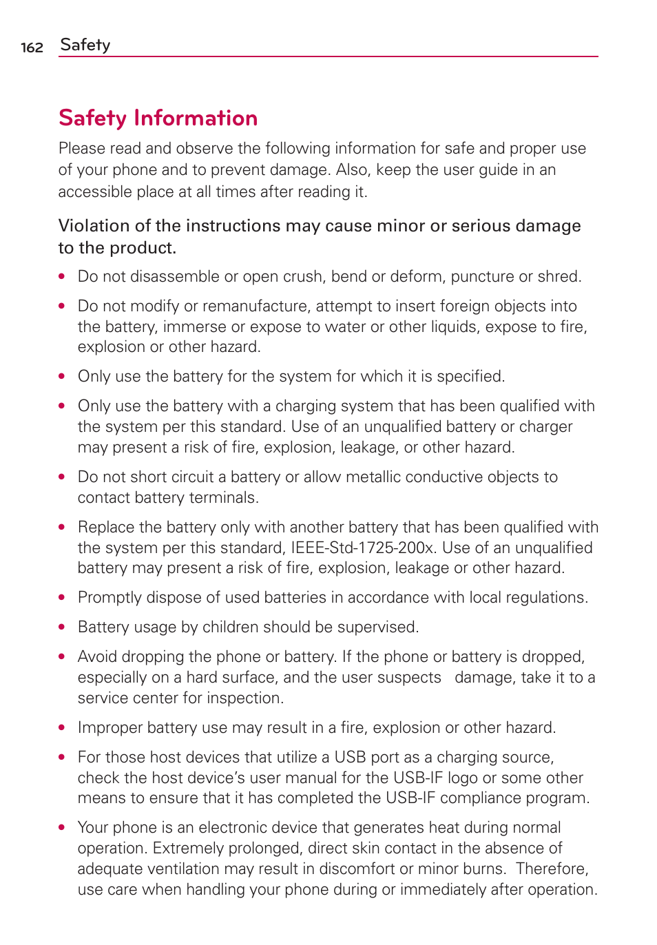 Safety information, Safety | LG MS910 User Manual | Page 162 / 199