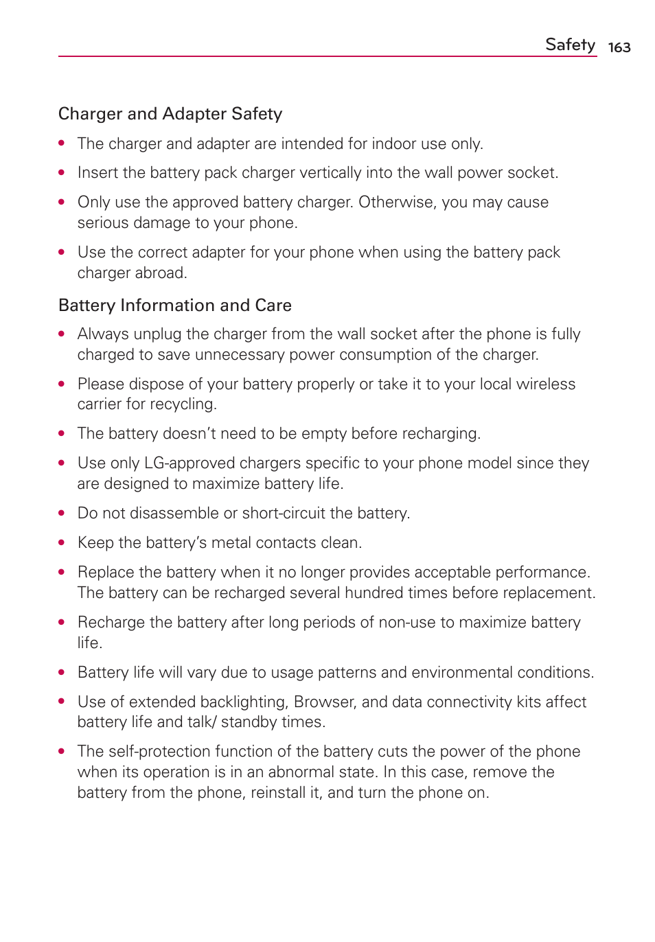 Safety, Charger and adapter safety, Battery information and care | Do not disassemble or short-circuit the battery, Keep the battery’s metal contacts clean | LG MS910 User Manual | Page 163 / 199