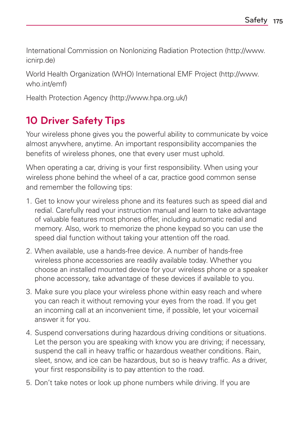 10 driver safety tips | LG MS910 User Manual | Page 175 / 199