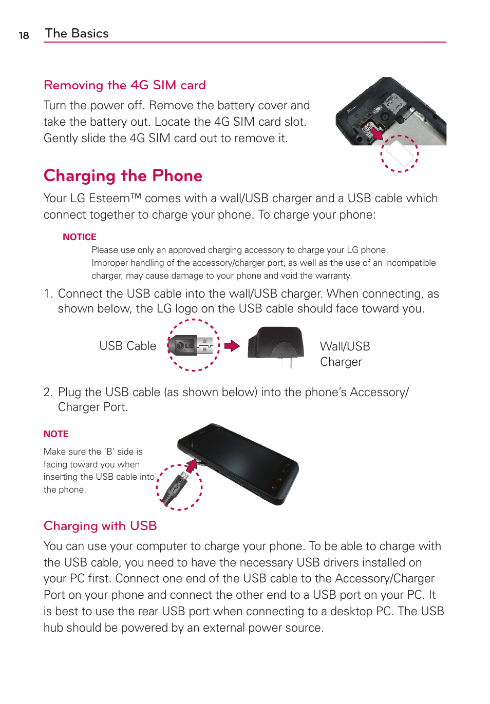 Charging the phone, The basics removing the 4g sim card, Charging with usb | LG MS910 User Manual | Page 18 / 199