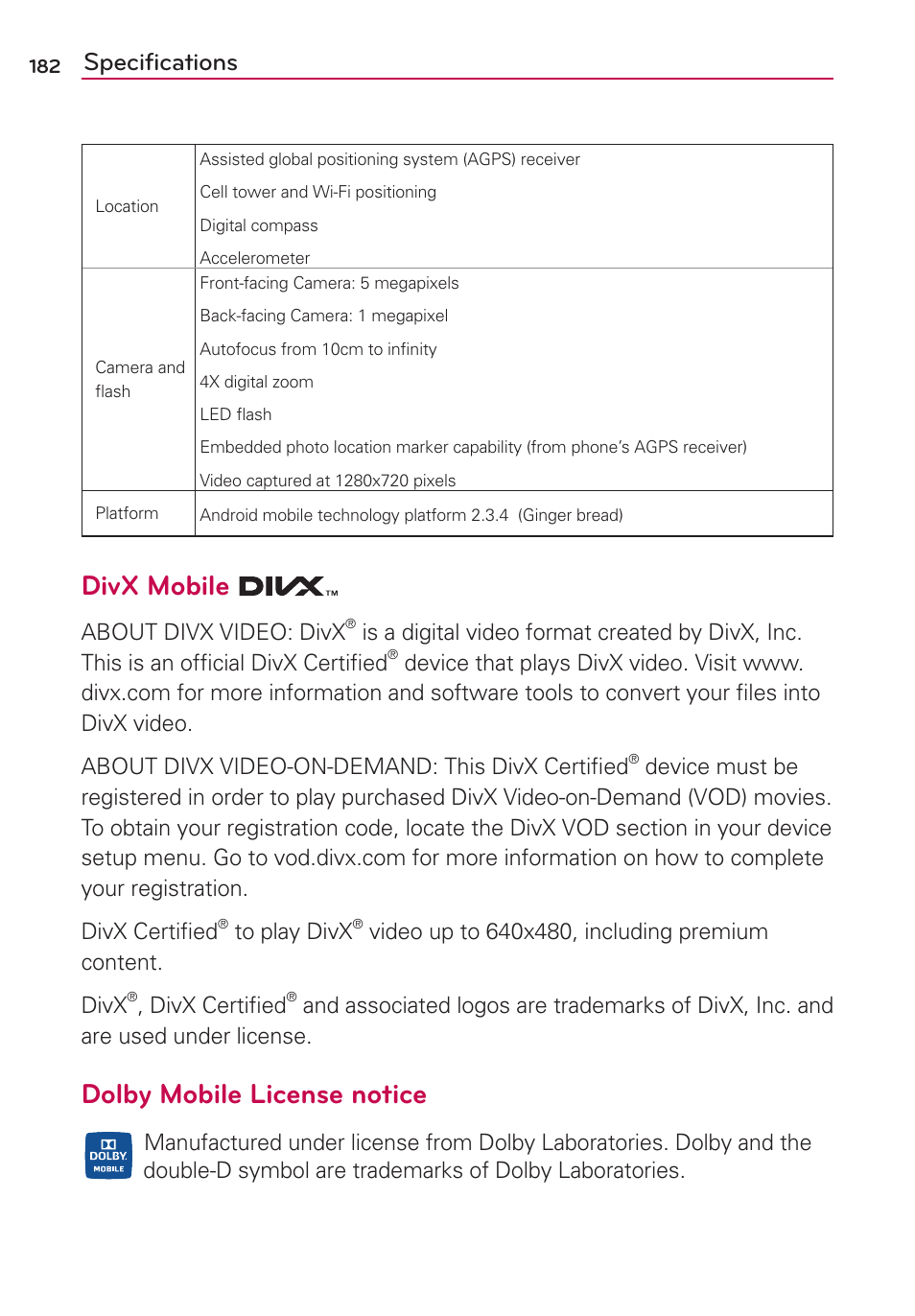 Divx mobile, Dolby mobile license notice, Specifications | LG MS910 User Manual | Page 182 / 199