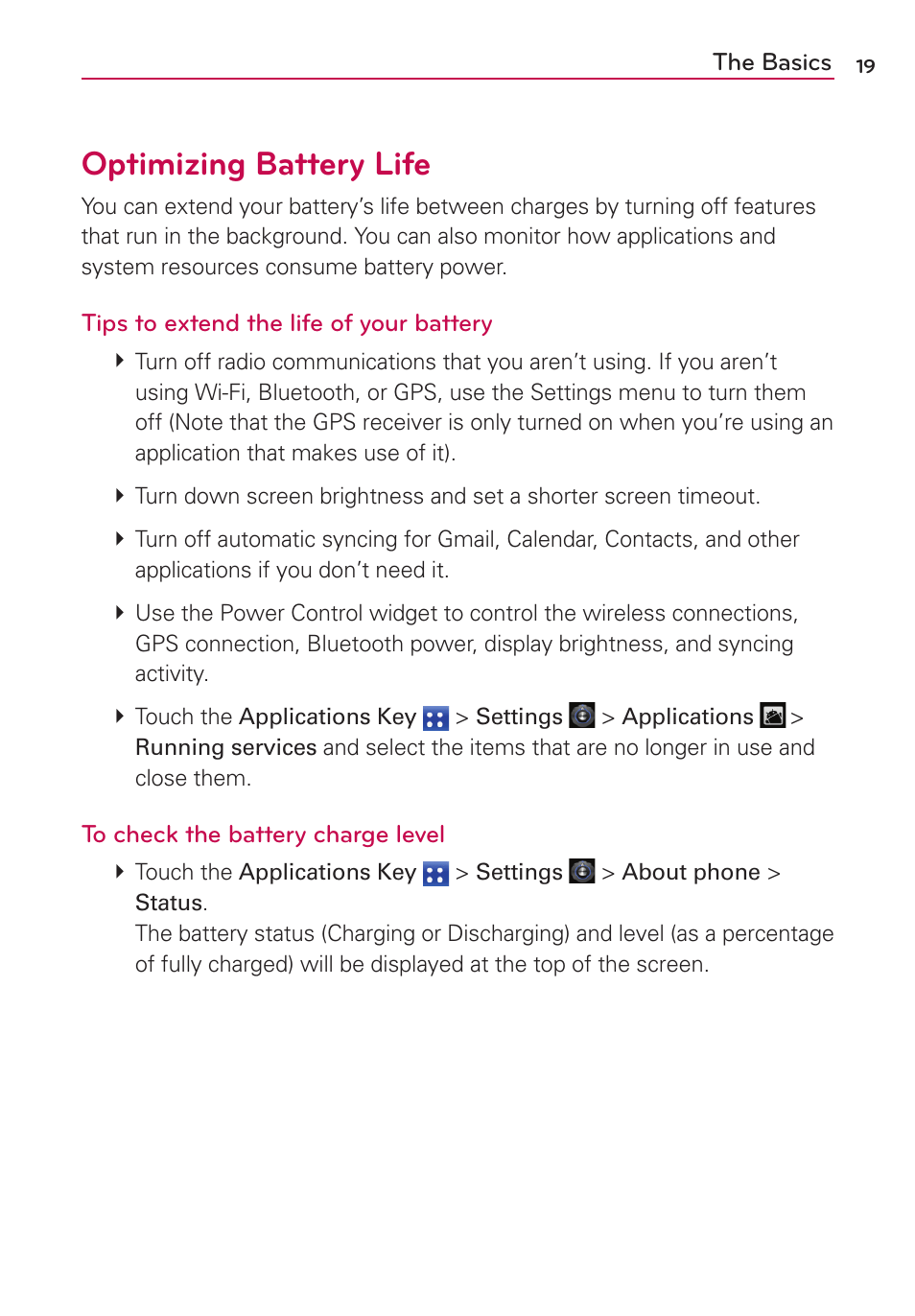 Optimizing battery life | LG MS910 User Manual | Page 19 / 199