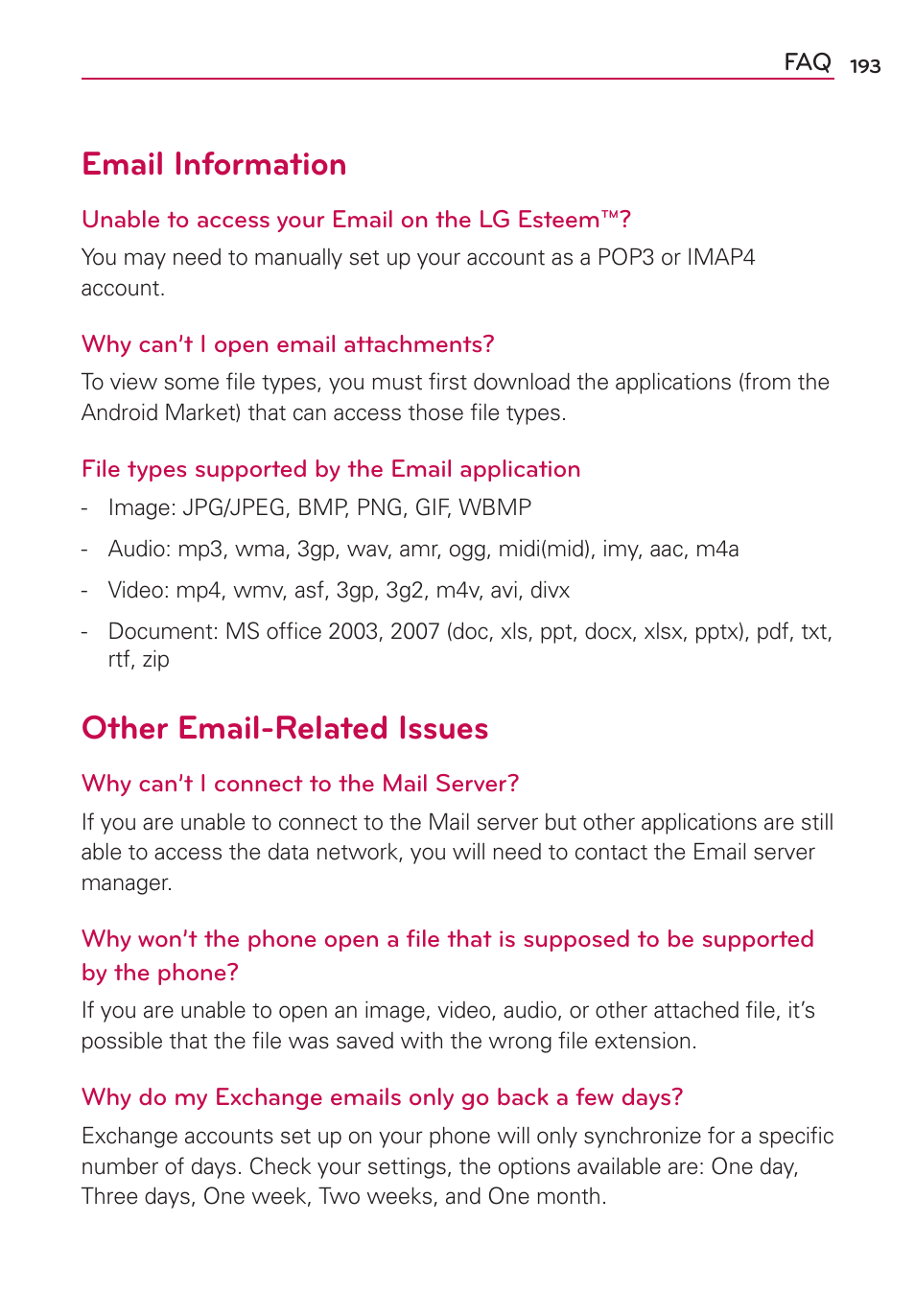 Email information, Other email-related issues | LG MS910 User Manual | Page 193 / 199