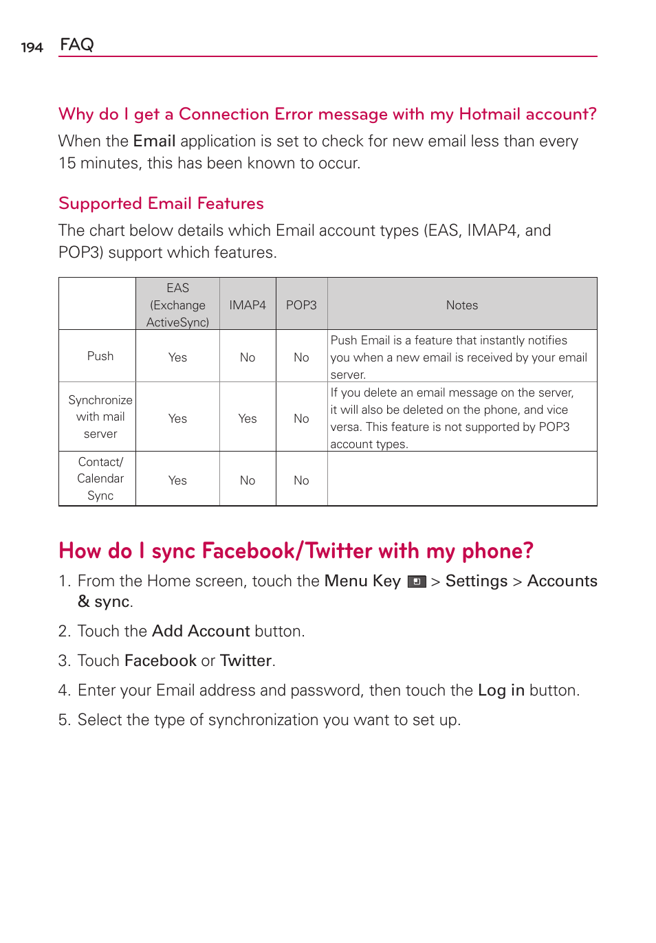 How do i sync facebook/twitter with my phone, Supported email features | LG MS910 User Manual | Page 194 / 199