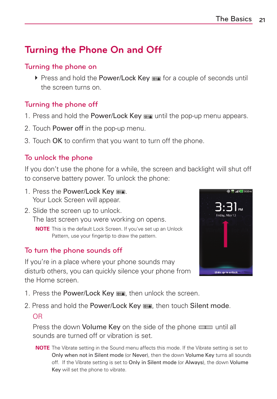 Turning the phone on and off | LG MS910 User Manual | Page 21 / 199