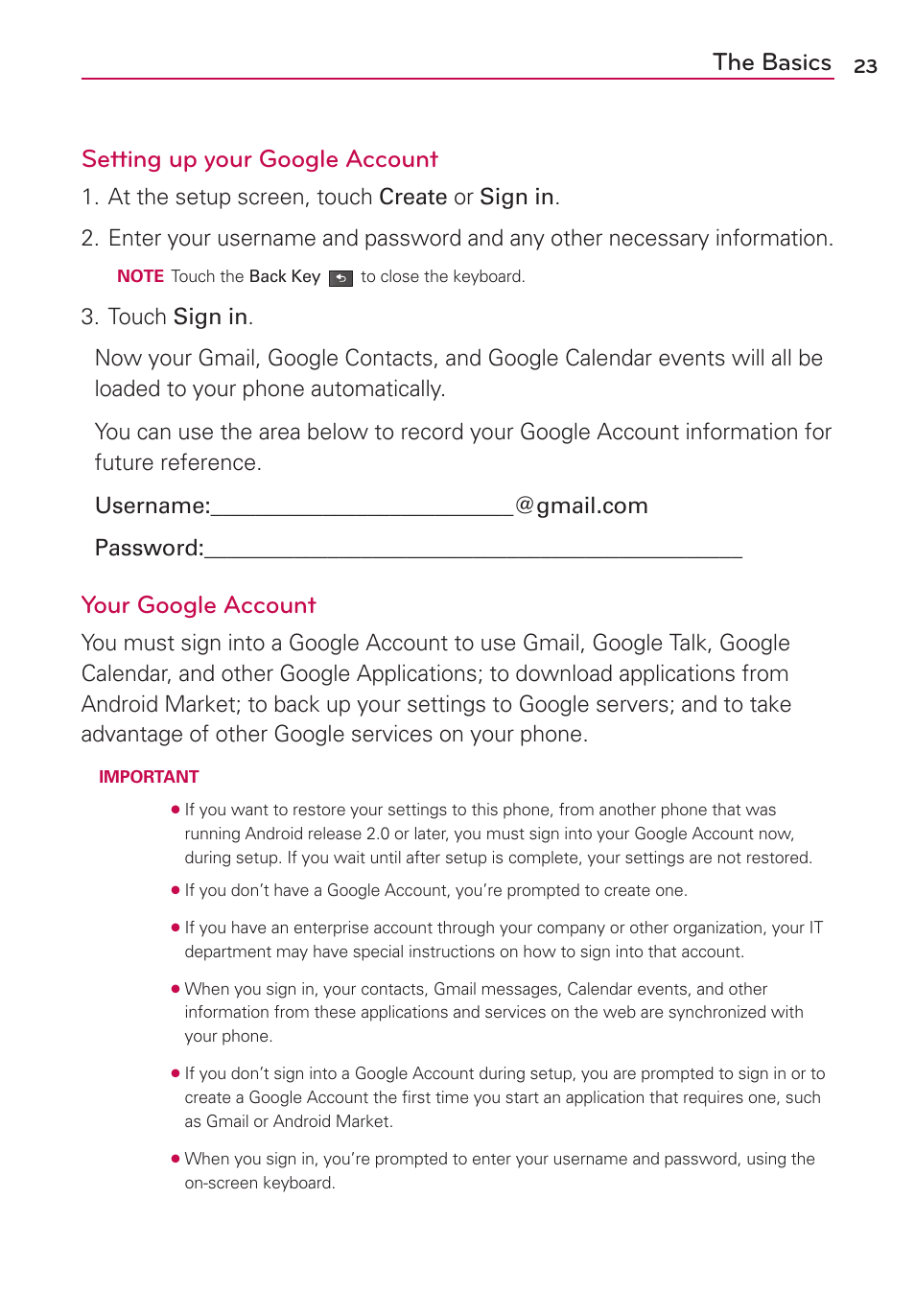 The basics setting up your google account, Your google account | LG MS910 User Manual | Page 23 / 199