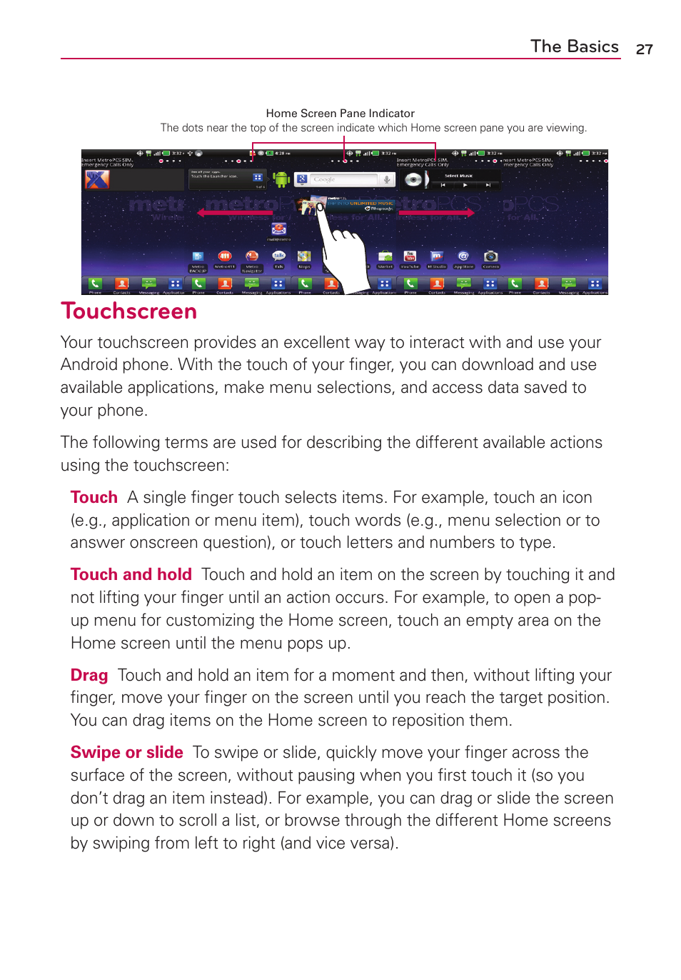 Touchscreen | LG MS910 User Manual | Page 27 / 199