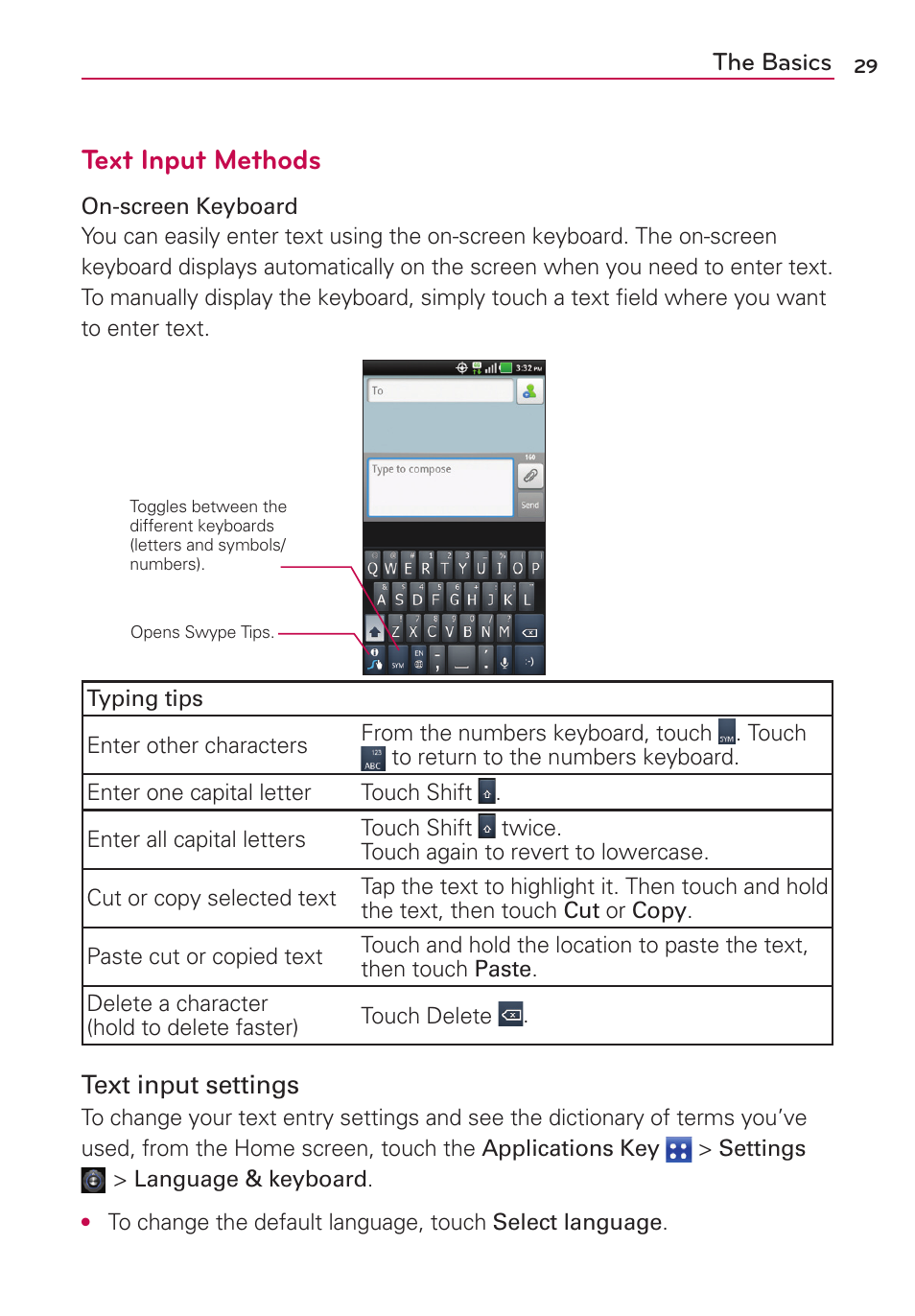 Text input methods, The basics, Text input settings | LG MS910 User Manual | Page 29 / 199