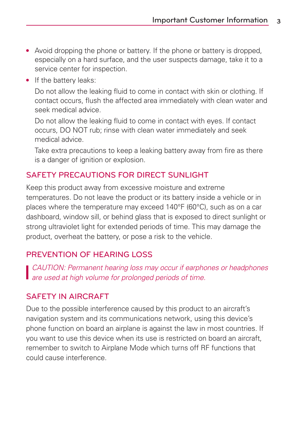 Important customer information, Safety precautions for direct sunlight, Prevention of hearing loss | Safety in aircraft | LG MS910 User Manual | Page 3 / 199