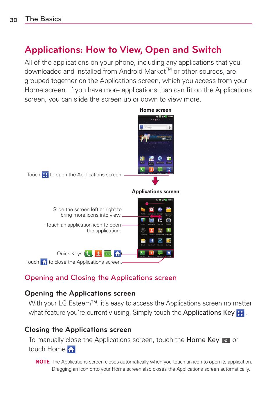 Applications: how to view, open and switch, The basics, Closing the applications screen | LG MS910 User Manual | Page 30 / 199