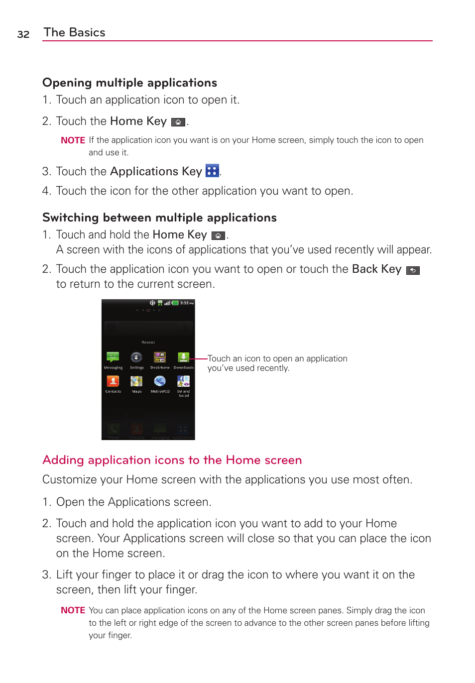 The basics opening multiple applications, Switching between multiple applications, Adding application icons to the home screen | LG MS910 User Manual | Page 32 / 199