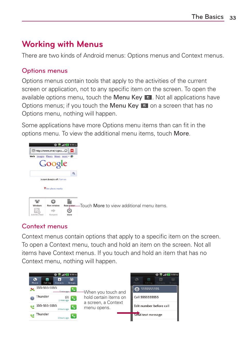 Working with menus | LG MS910 User Manual | Page 33 / 199