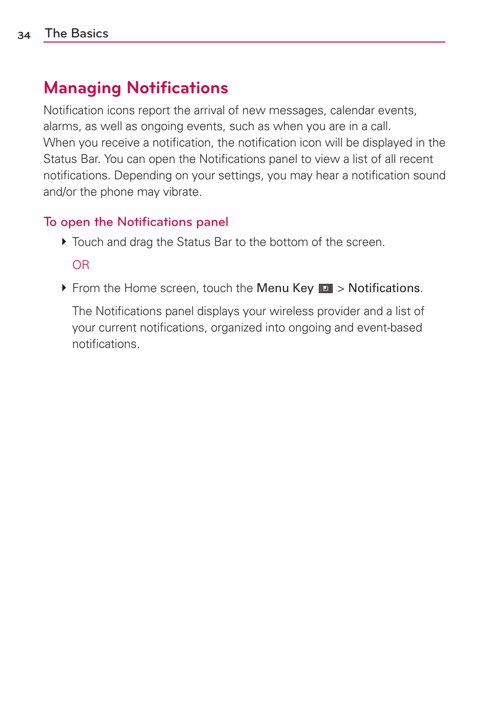 Managing notifications | LG MS910 User Manual | Page 34 / 199