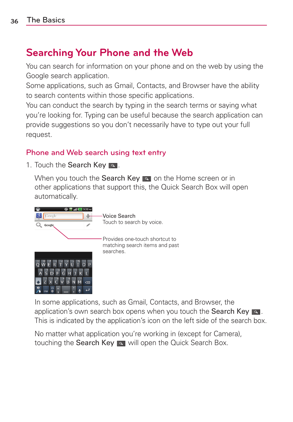 Searching your phone and the web, The basics, Phone and web search using text entry | LG MS910 User Manual | Page 36 / 199